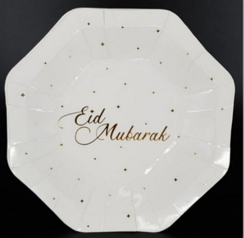Assiette Eid Mubarak : Lot de 8 assiettes pour fête musulmane de l'Aïd - Couleur blanc et rose doré