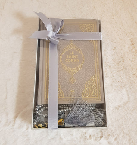 Coffret Coran bilingue intégral (arabe/français) gris format moyen avec tapis de prière et tasbih de luxe