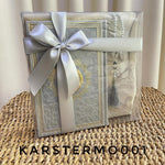 Coffret cadeau gris : tapis de prière, Coran grand format (francais/arabe) et chapelet