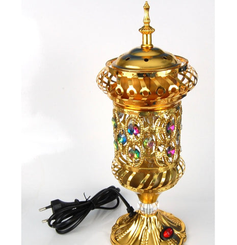 Encensoir électrique traditionnel Doré - Brûleur d'encens métallique décoré de rubis colorés